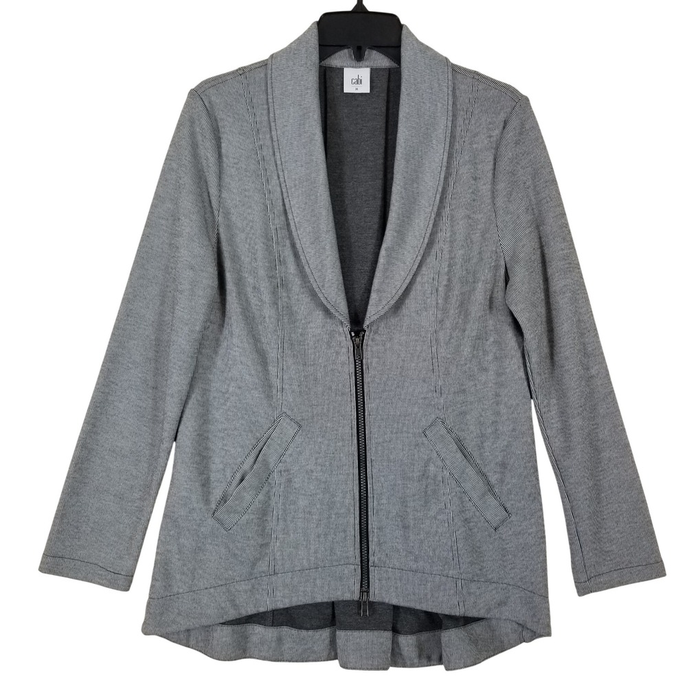 Cabi Pursuit Jacket 5300 Grey White Stripe Zip Front Shawl Collar Blazer Sz M